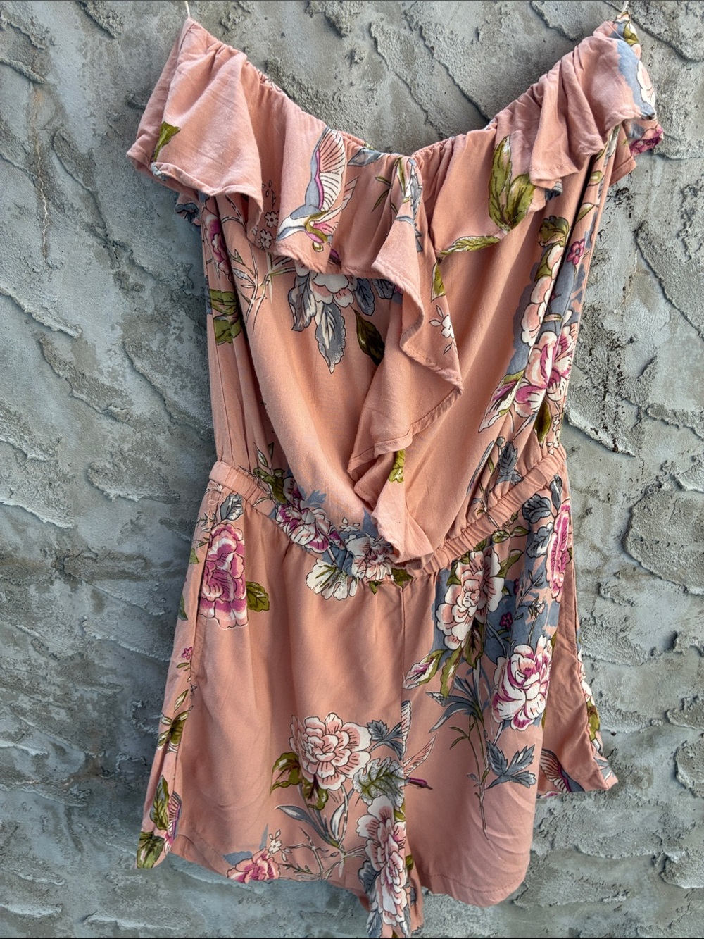 Hippie Strapless Romantic Ruffle RayonPeach Floral Shorts Romper Sz M